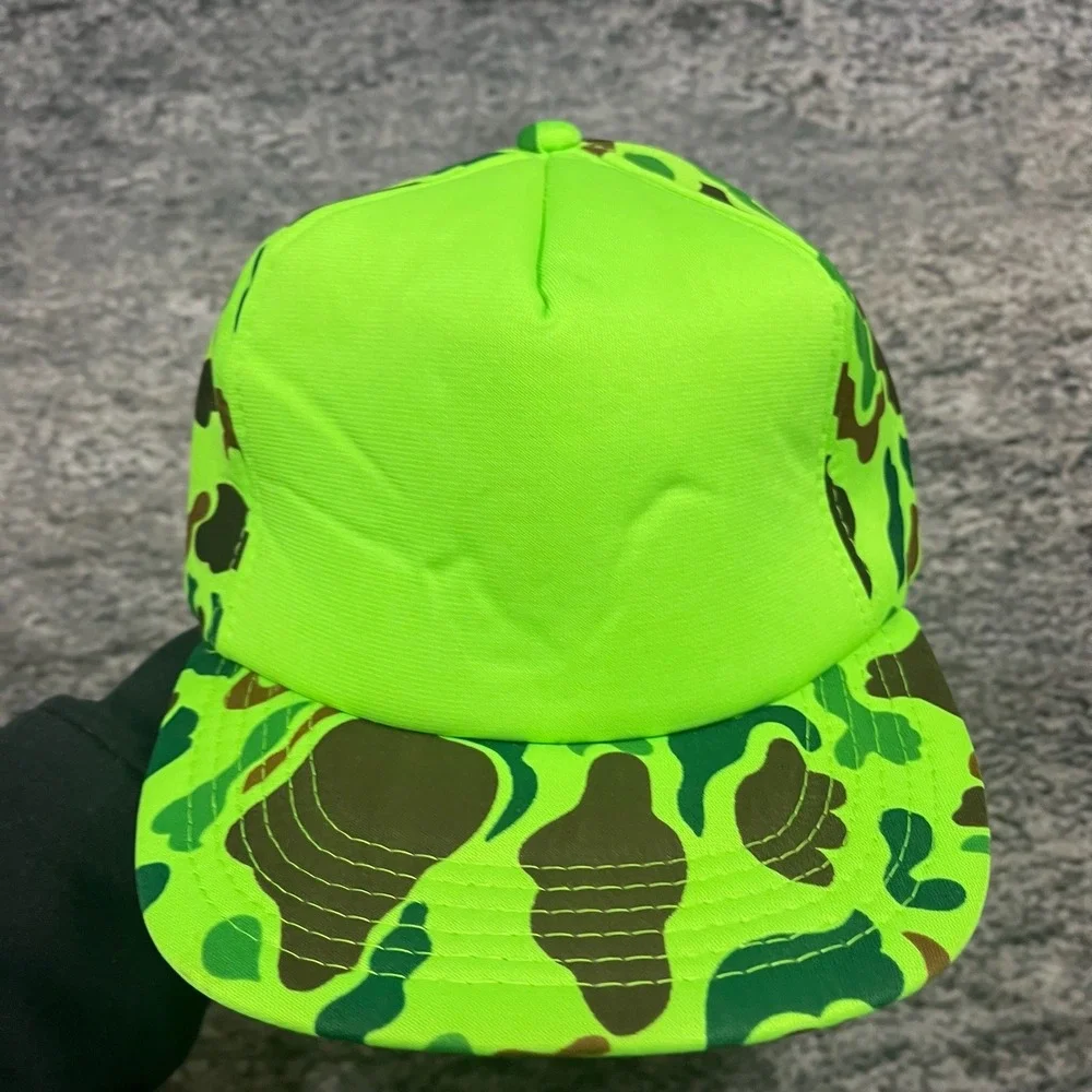 Vintage 90s Neon Green Camouflage Trucker Hat‎ Mesh Outdoor Hunting Adjustable